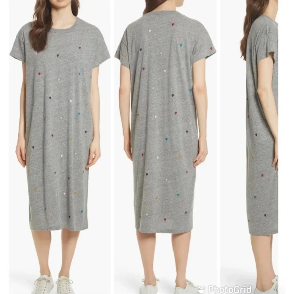 THE GREAT | The Boxy Embroidered T-shirt Dress In Grey/ Heart Embroidery